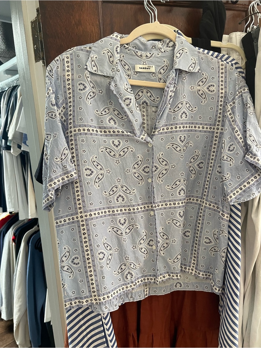 Sandro Blue Paisley Short-Sleeve Button Front Top